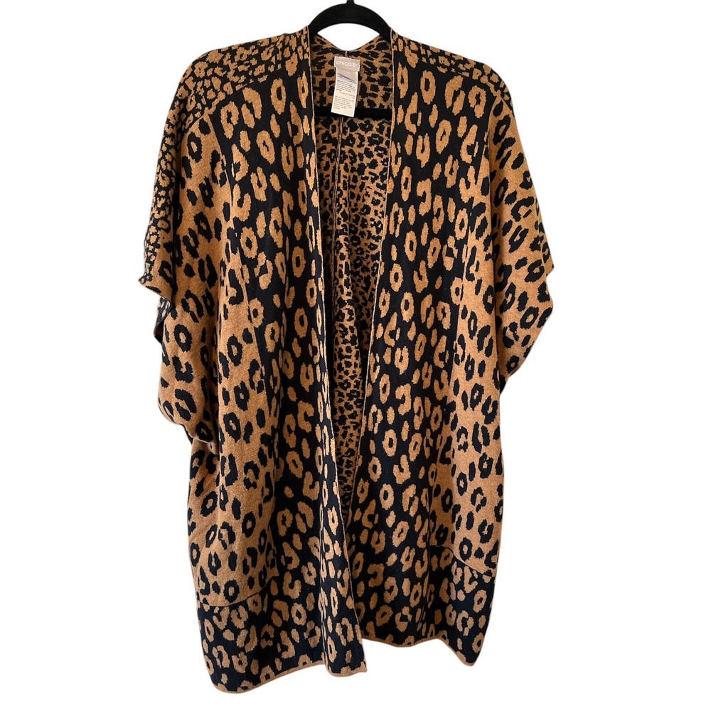 Chico's Women's Blanket Wrap Leopard Animal Print Shawl Brown Poncho Sz S/M